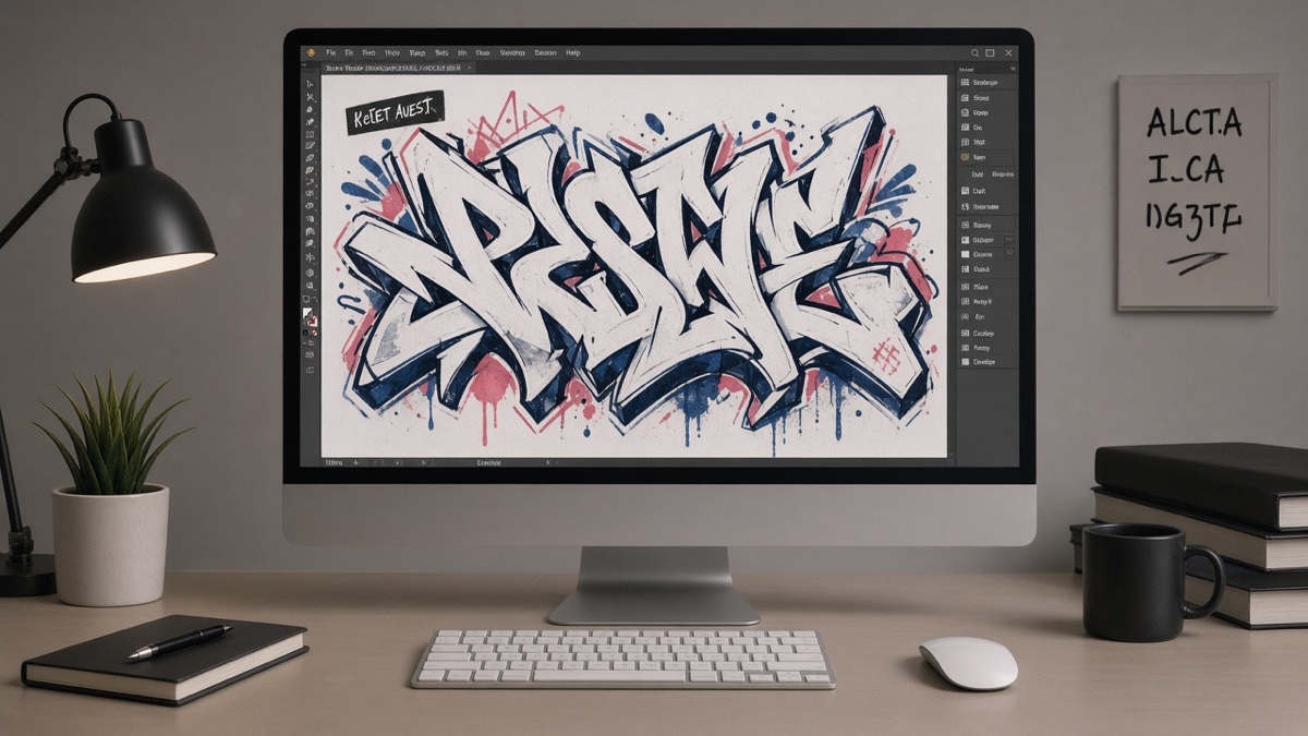 Spray paint texture with angular letter fragments on dark brick, no readable text.